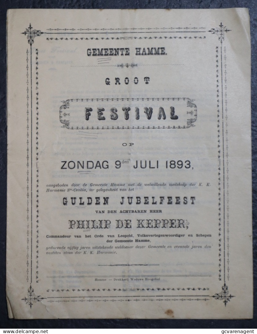 GEMEENTE HAMME GROOT FESTIVAL OP ZONDAG 9den JULI 1893 , GULDEN JUBELFEEST V:D ACHTBARE HEER PH.DE KEPPER  ZIE BESCHRIJF - Historische Dokumente