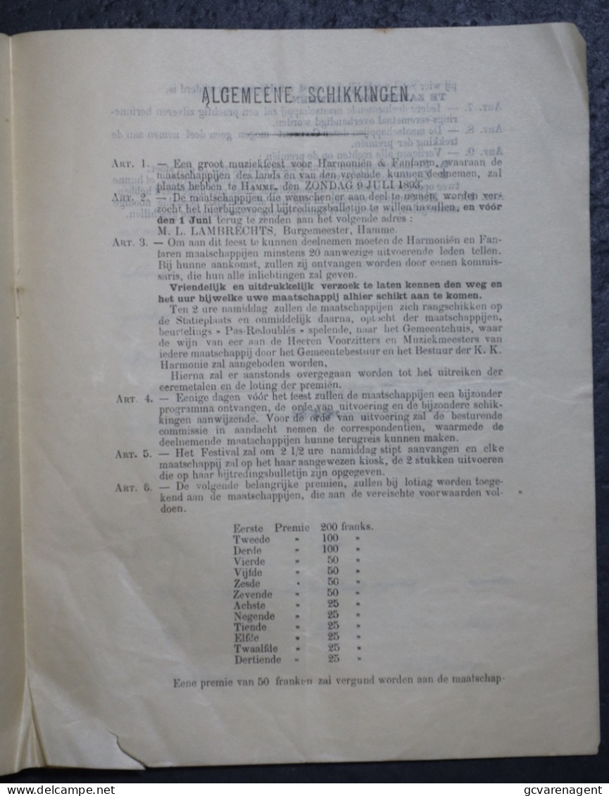 GEMEENTE HAMME GROOT FESTIVAL OP ZONDAG 9den JULI 1893 , GULDEN JUBELFEEST V:D ACHTBARE HEER PH.DE KEPPER  ZIE BESCHRIJF - Documents Historiques