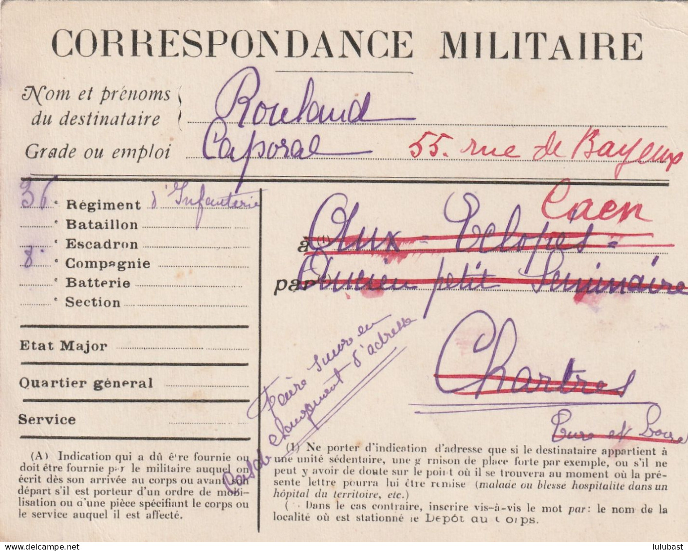 CP En FM Du 36è Rgt D'Infanterie Pour " Aux éclopés / Ancien Petit Séminaire / Chartres " Puis Caen. - Oorlog 1914-18