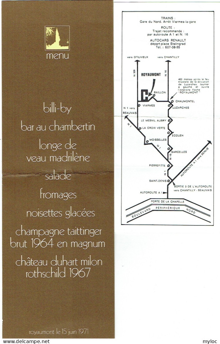 Menu + Laissez-passer. Royaumont 1971, Soirée Inaugurale Sous Le Patronage De Jacques Duhamel. Lot De 2 Articles. - Menus