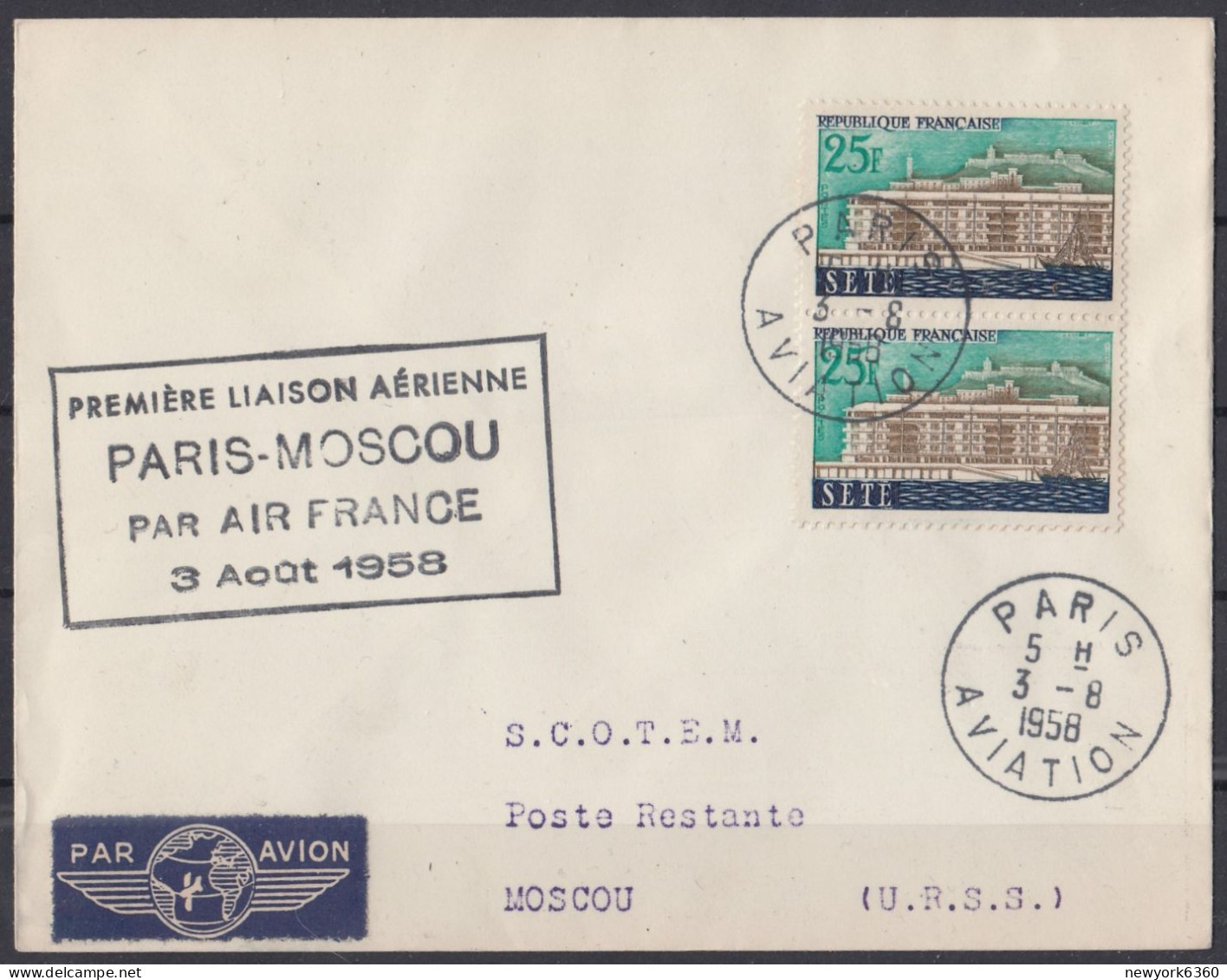 PREMIERE LIAISON AERIENNE PARIS MOSCOU PAR AIR FRANCE 3/08/1958 - Brieven En Documenten