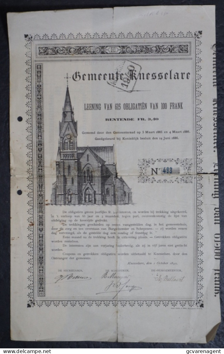 GEMEENTE KNESSELARE  LEENING VAN 615 OBBLIGATIËNVAN 100 FRANK  RENTENDE FR 3,40 - 1 OCTOBER 1890 - Historical Documents