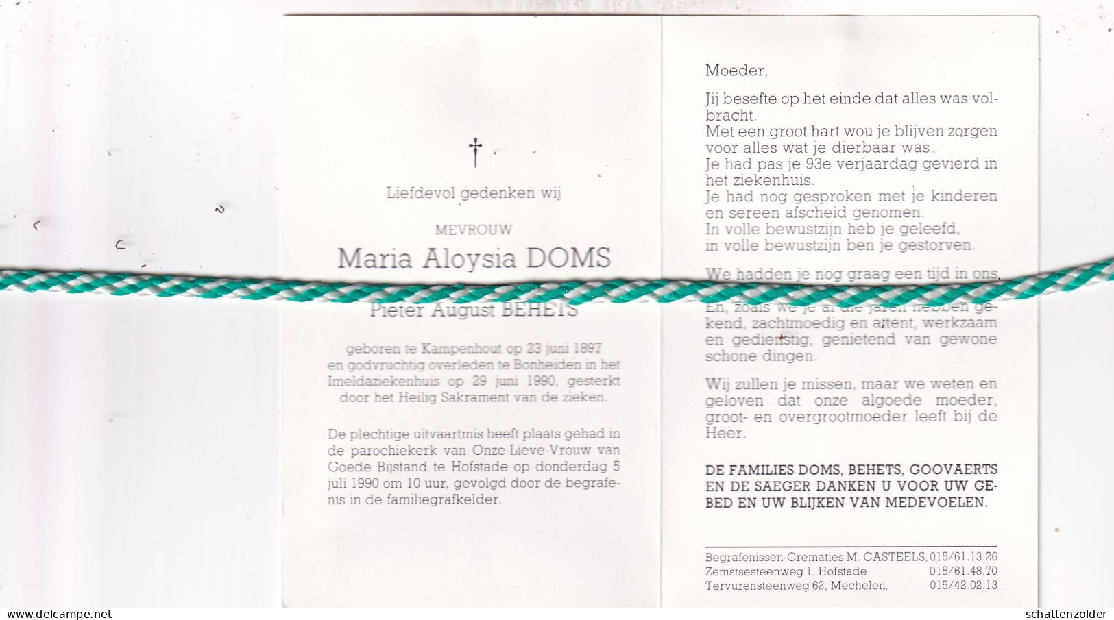 Maria Aloysia Doms-Behets, Kampenhout 1897, Bonheiden 1990 - Obituary Notices