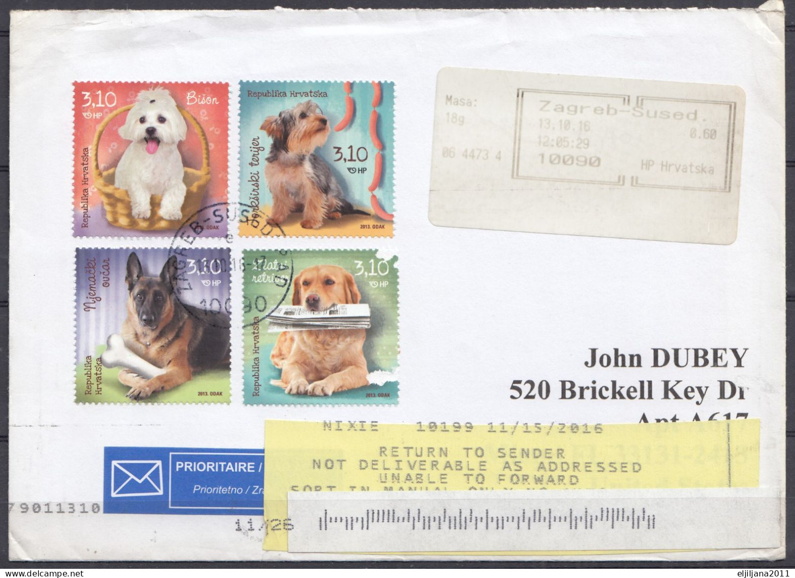 ⁕ CROATIA 2016 Hrvatska ⁕ AIRMAIL Sent To USA, Registered Shipment Returned To The Sender's Address ⁕ With Stamps Pets - Croatia
