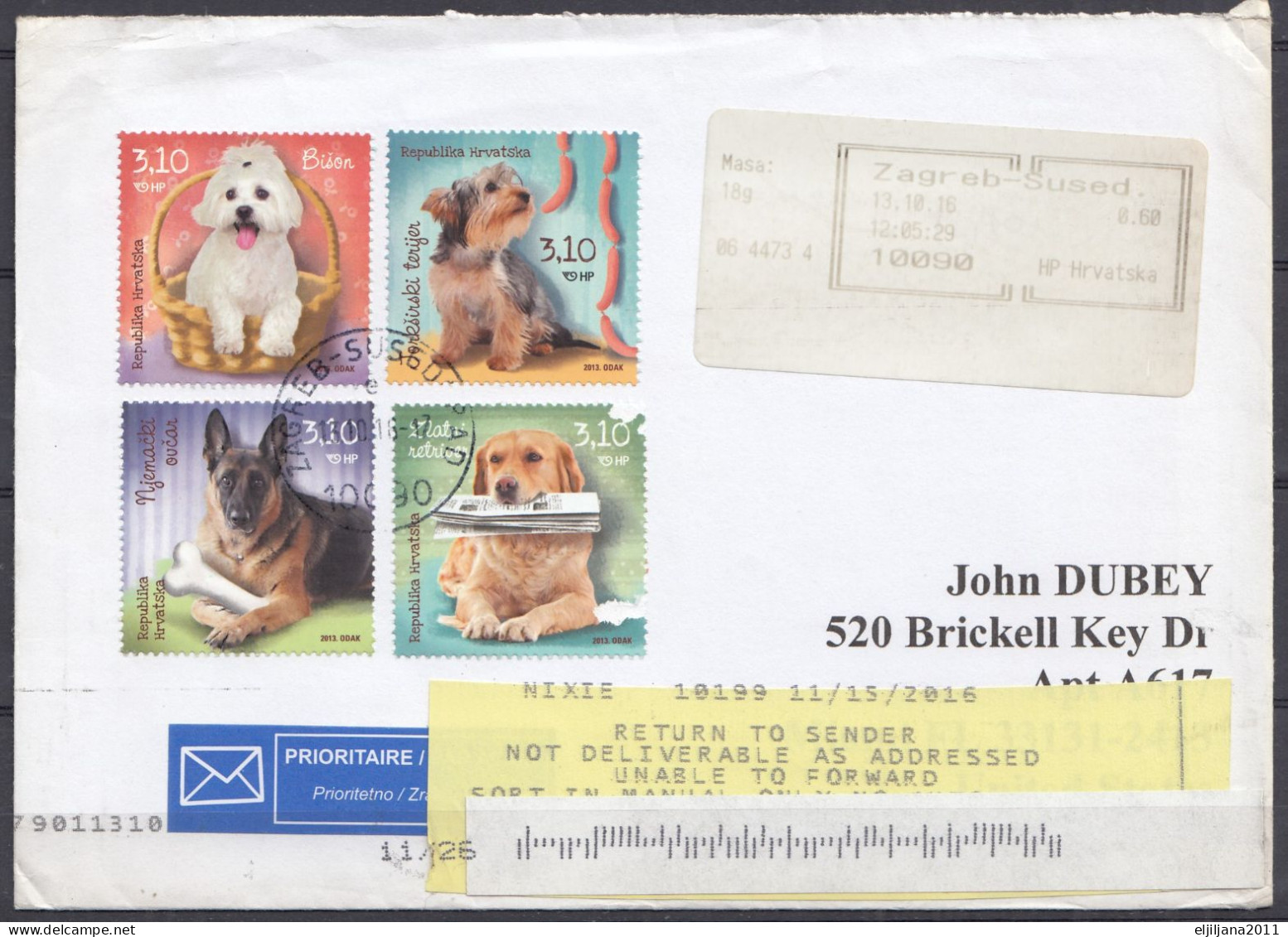 ⁕ CROATIA 2016 Hrvatska ⁕ AIRMAIL Sent To USA, Registered Shipment Returned To The Sender's Address ⁕ With Stamps Pets - Kroatië