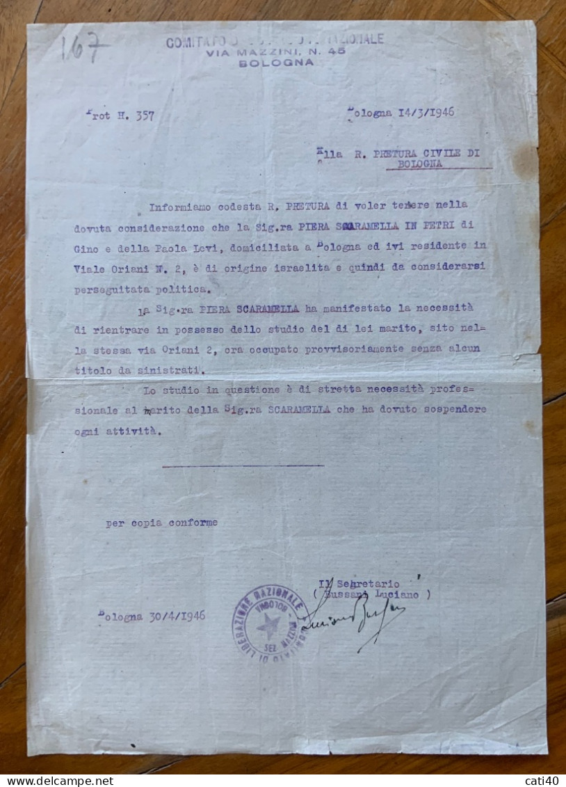 COMITATO DI LIBERAZIONE NAZIONALE - SEZIONE MAZZINI N. 45 - BOLOGNA - 30/4/1946 - TIMBRO E FIRMA SEGRETARIO - Documents Historiques