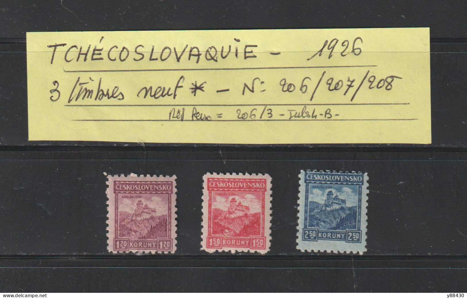 TCHÉCOSLOVAQUIE - 3 Timbres Neuf * De 1926 - N° 206 / 20 7 / 208 - Château De Karluv Tyn  - 2 Scan - Unused Stamps