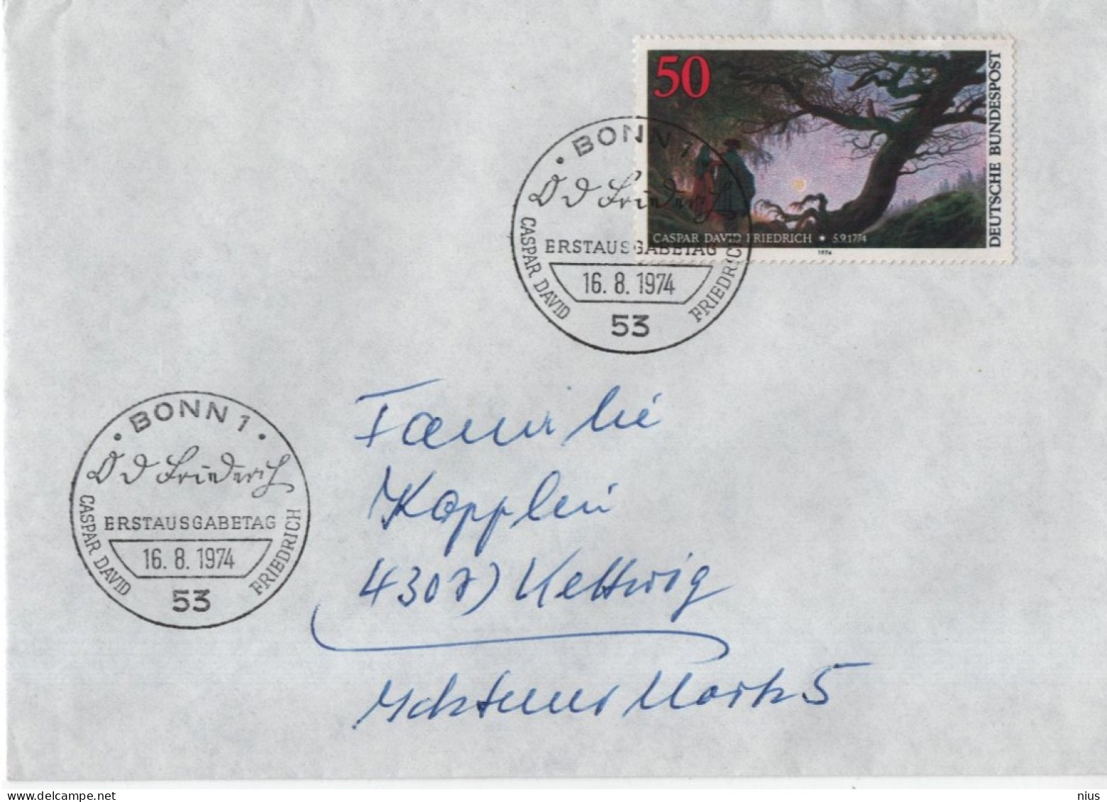 Germany Deutschland 1974 FDC Caspar David Friedrich, Painter Maler Artist, Canceled In Bonn - 1971-1980