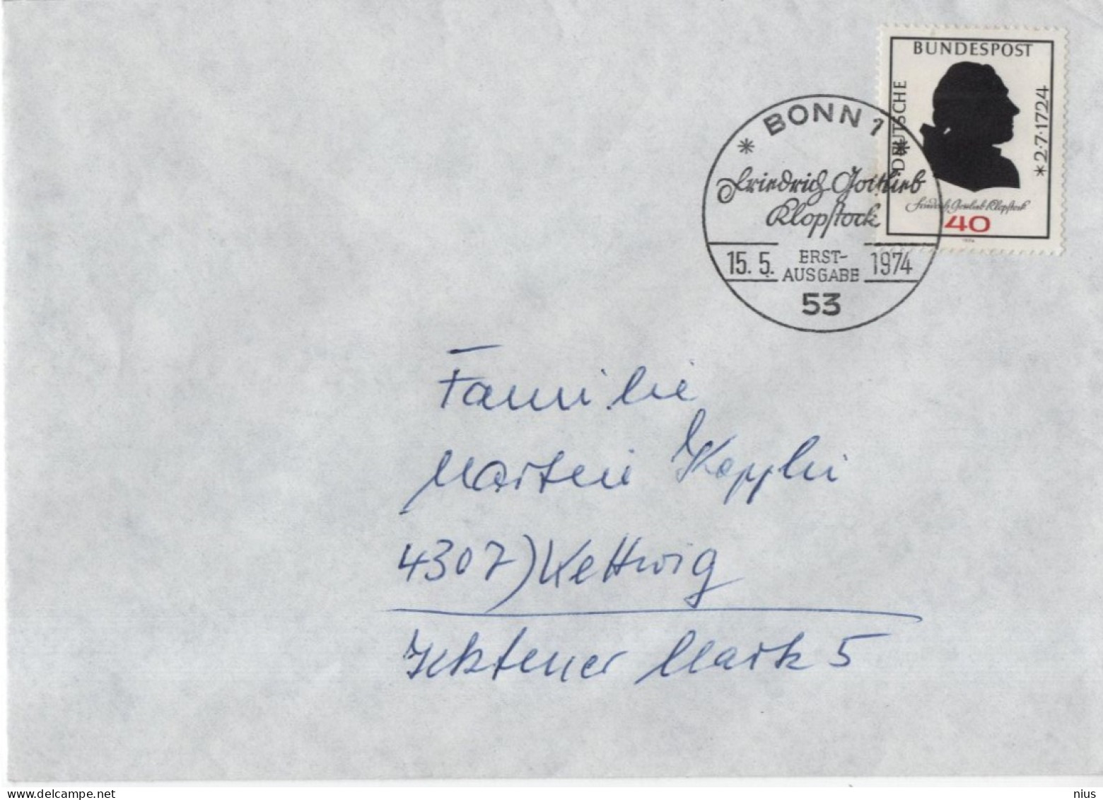 Germany Deutschland 1974 FDC Friedrich Gottlieb Klopstock, German Poet, Canceled In Bonn - 1971-1980