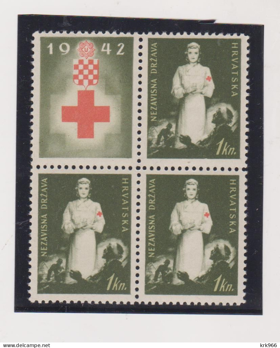 CROATIA WW II , 1942,1 Kn Red Cross  Charity Stamps + Label MNH - Croatia