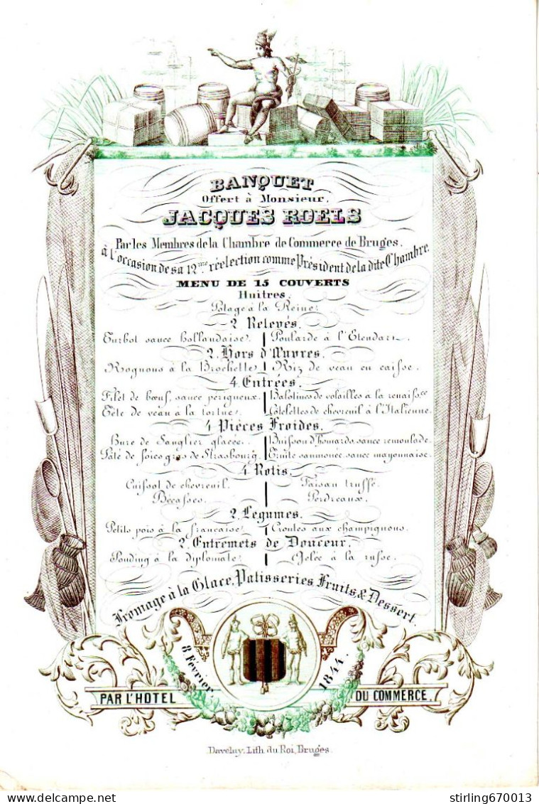 DE 1931 - Carte Porcelaine Pour Banquet A M. Jacques Roels Par La Chambre De Commerce, Bruges, 1844 Imp Daveluy - Other & Unclassified