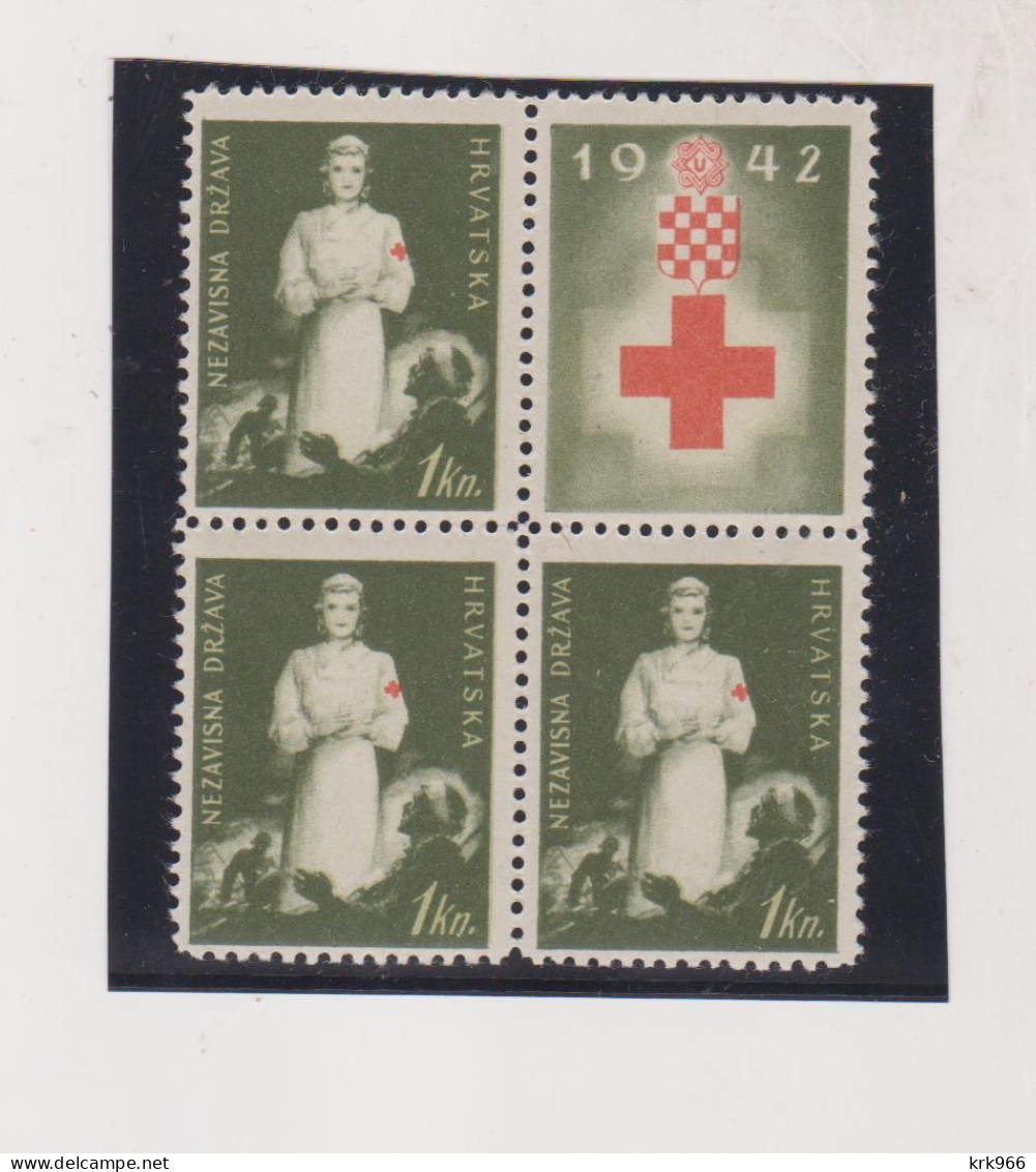 CROATIA WW II , 1942,1 Kn Red Cross  Charity Stamps + Label MNH - Kroatië