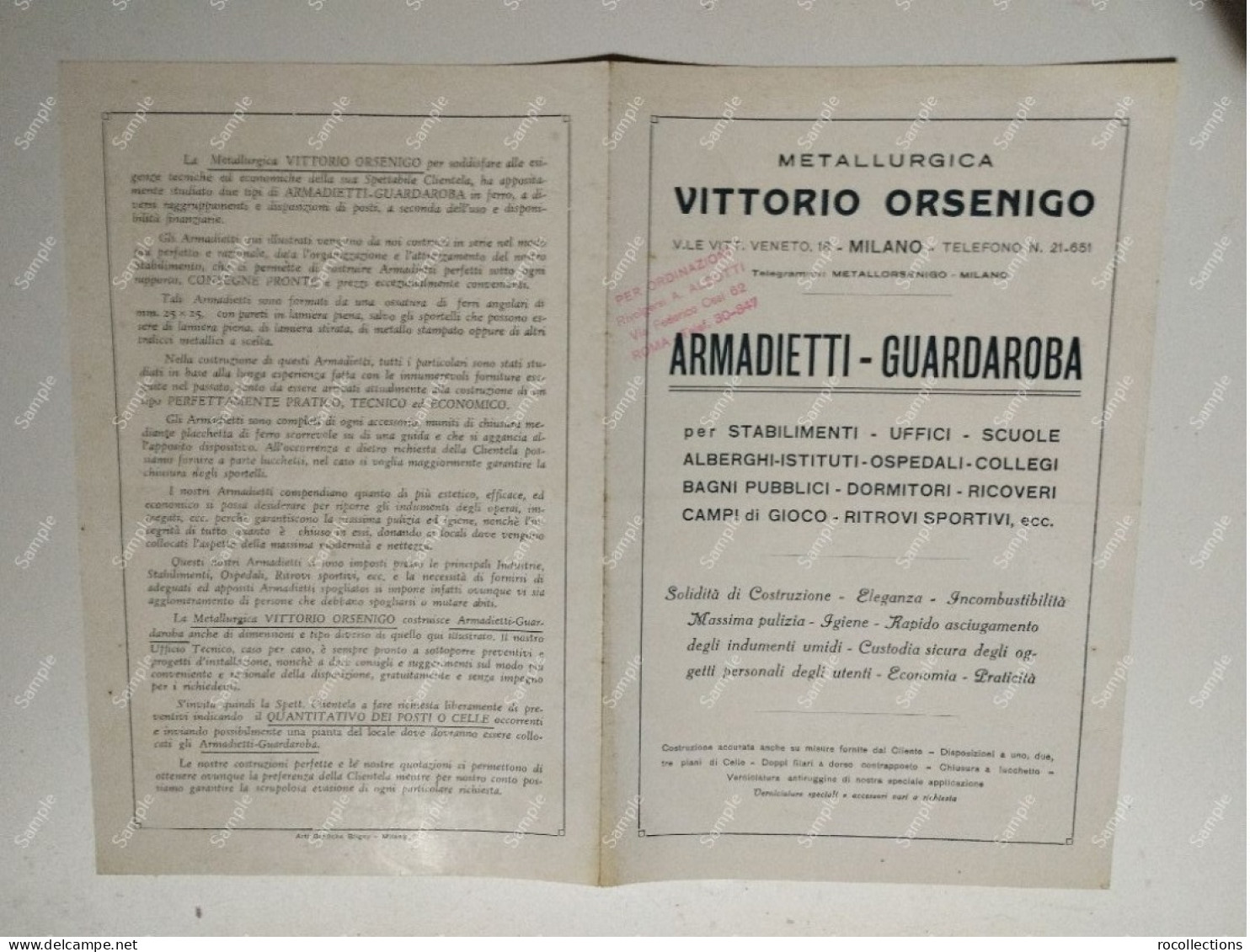 Italia Pubblicitario IMETALLURGICA VITTORIO ORSENIGO Milano. Armadi In Ferro - Publicités