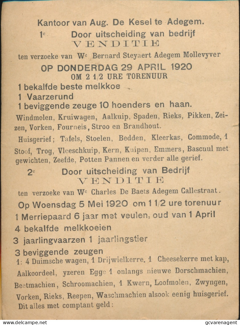 ADEGEM = OP DONDERDAG 29 APRIL 1920 OM 2 1/2 TORENUUR VENDITIE DOOR UITSCHEIDING BEDRIJF EN WOENSDAG 5 MEI 1920 ZIE BESC - Maldegem