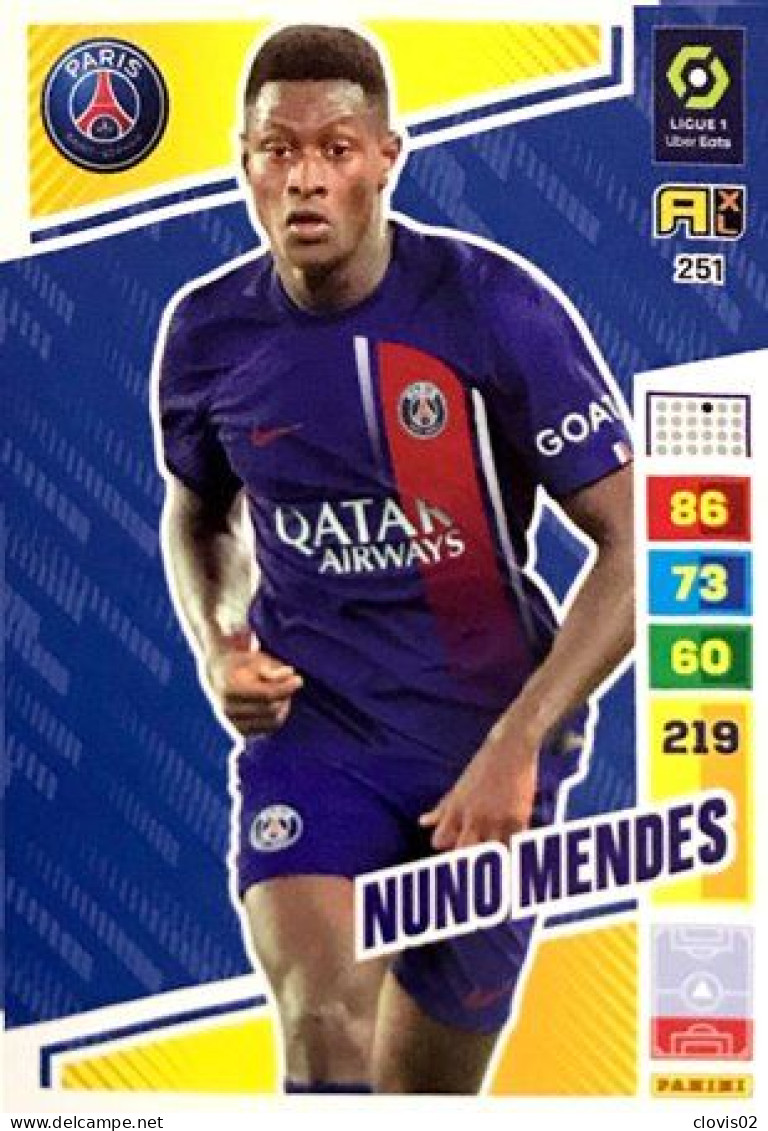 251 Nuno Mendes - Paris Saint-Germain - Carte Panini Adrenalyn XL 2023-2024 Ligue 1 - Tarjetas