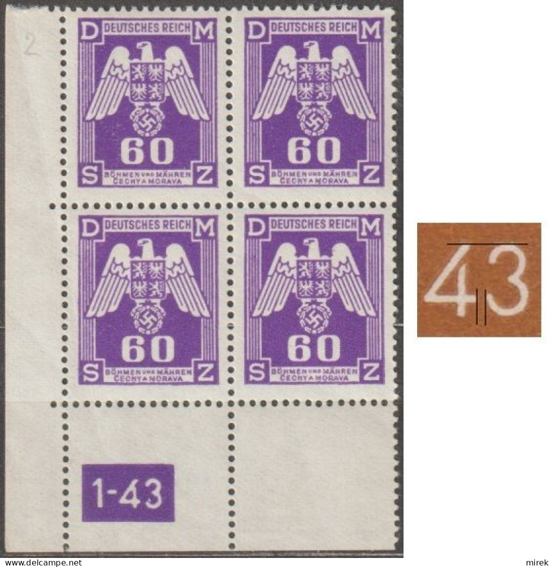 039/ Pof. SL 16, Corner 4-block, Plate Number 1-43, Type 1, Var. 2 - Unused Stamps