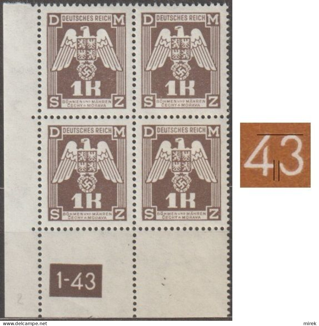 040/ Pof. SL 18, Corner 4-block, Plate Number 1-43, Type 1, Var. 2 - Unused Stamps