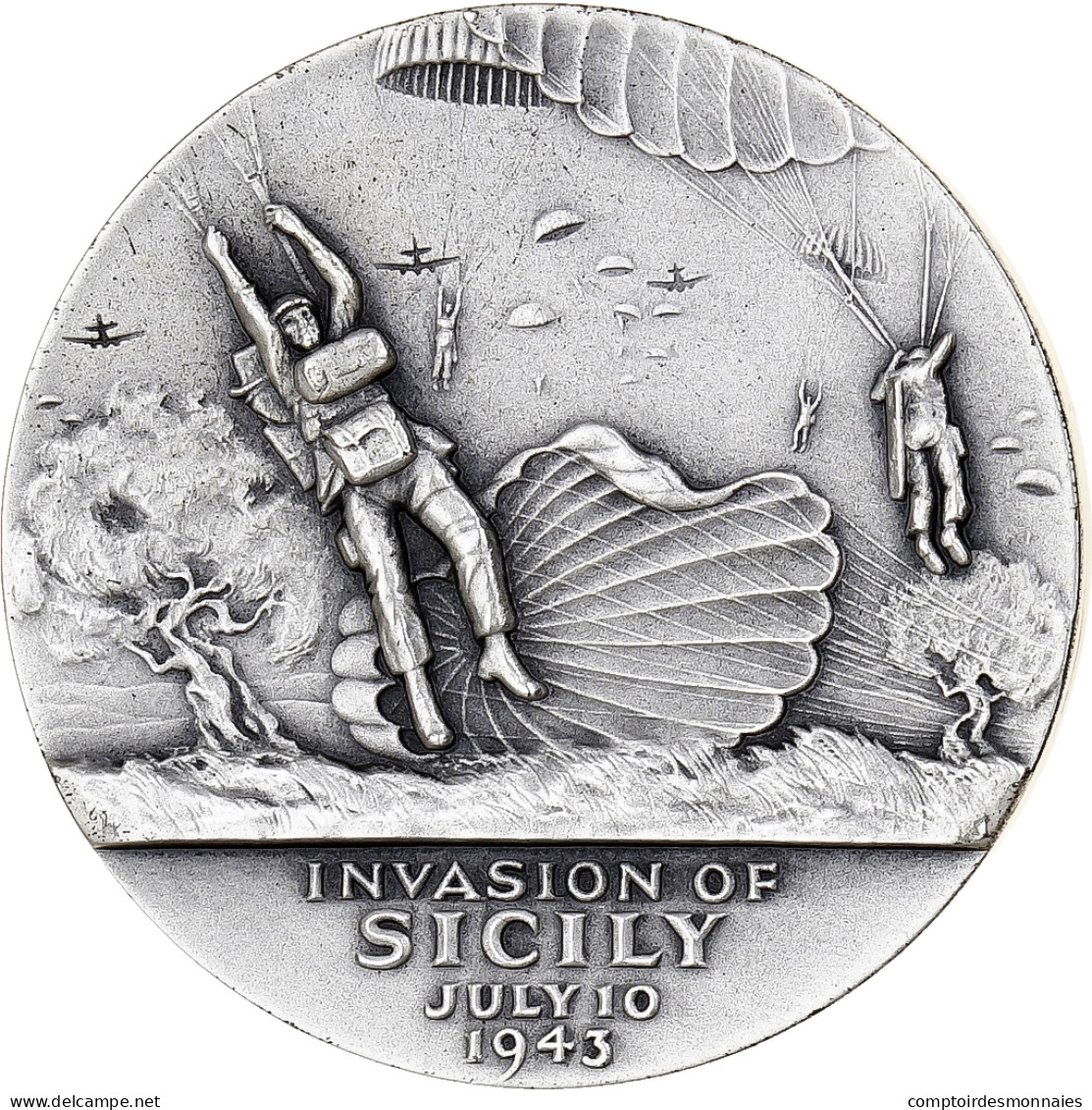 États-Unis, Médaille, Patton, Invasion Of Sicily, 1968, Argent, Edwart Grove - Autres & Non Classés
