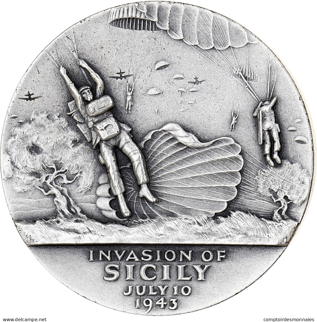 États-Unis, Médaille, Patton, Invasion Of Sicily, 1968, Argent, Edwart Grove - Other & Unclassified