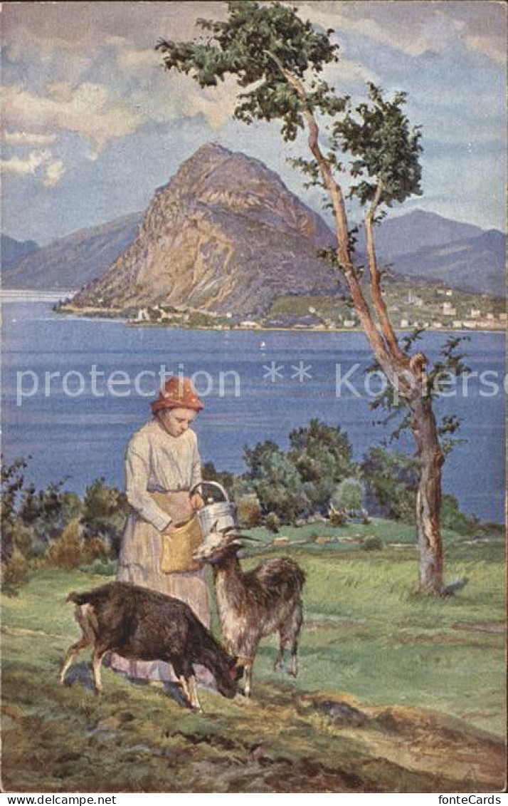 12056509 Lugano TI Kuenstlerkarte Frau Mit Ziegen Und Monte S. Salvatore Lugano  - Other & Unclassified