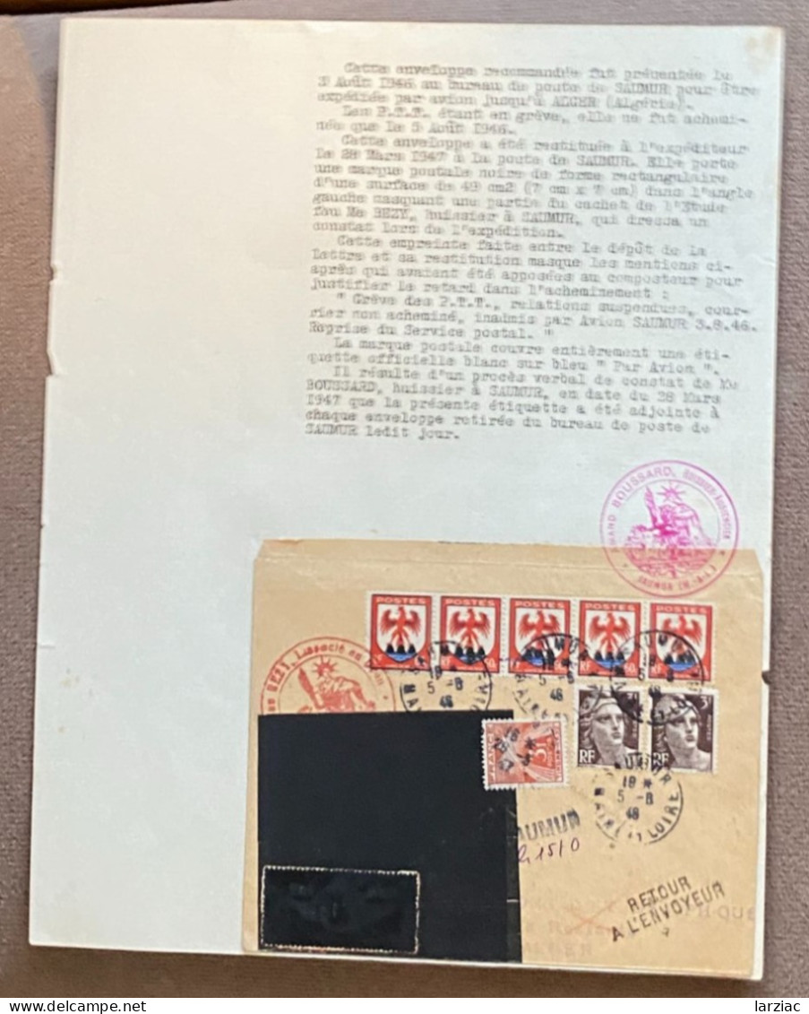 Enveloppe En Recommandé De Saumur Pour Alger Retour à L'envoyeur Grève Des PTT 1946 - Otros & Sin Clasificación