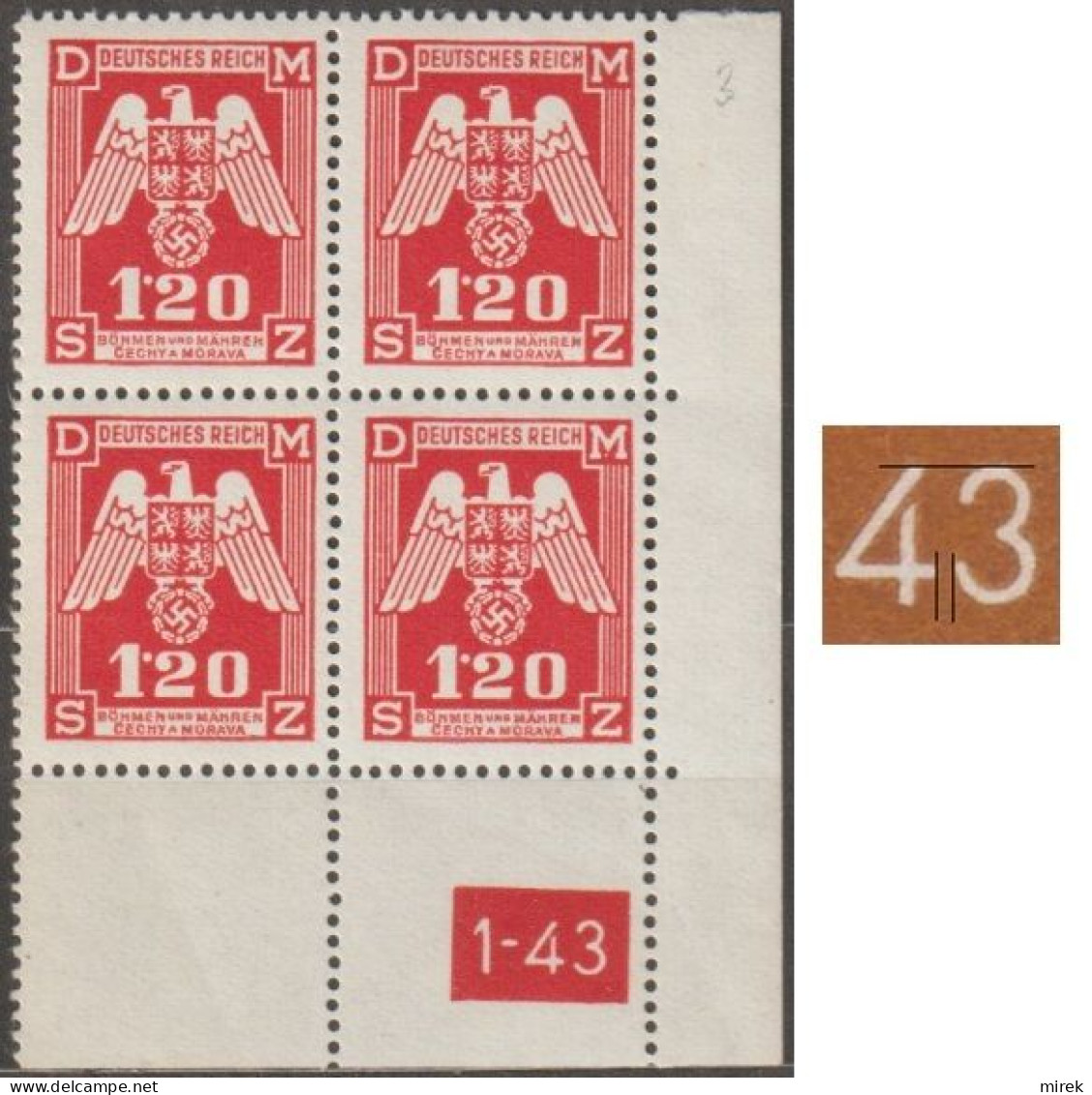 041/ Pof. SL 19, Corner 4-block, Plate Number 1-43, Type 1, Var. 3 - Unused Stamps