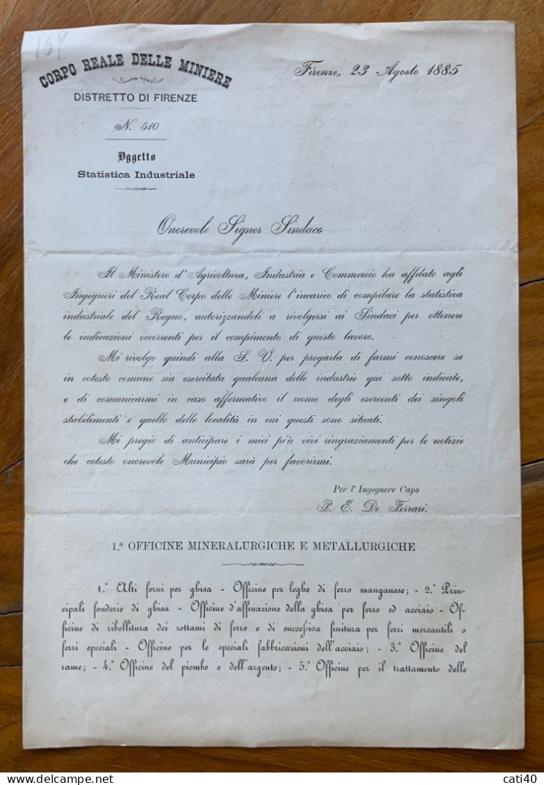 CORPO REALE DELLE MINIERE - FIRENZE - 23 Agosto1885 - Lettera Per Le Statische Industriali Del Regno....4 Pag. - Documents Historiques