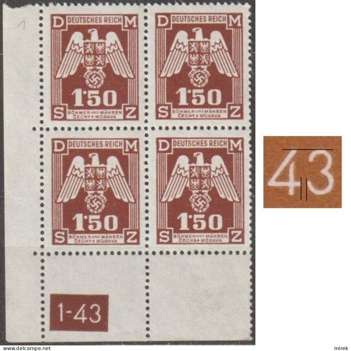 042/ Pof. SL 20, Corner 4-block, Plate Number 1-43, Type 1, Var. 1 - Neufs