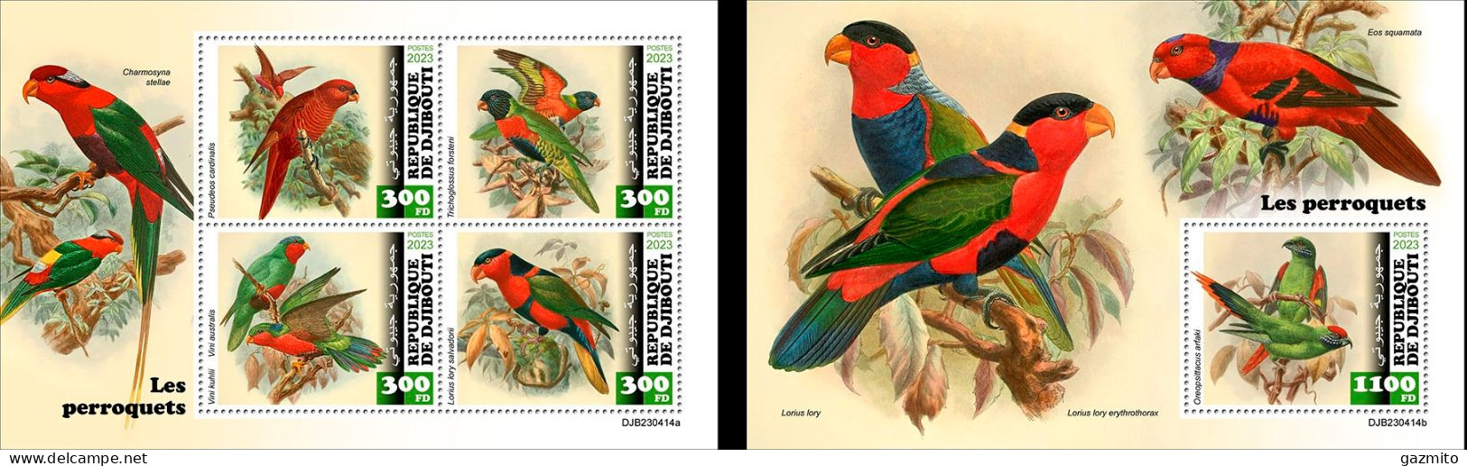 Djibouti 2023, Animals, Parrots, 4val In BF +BF - Dschibuti (1977-...)