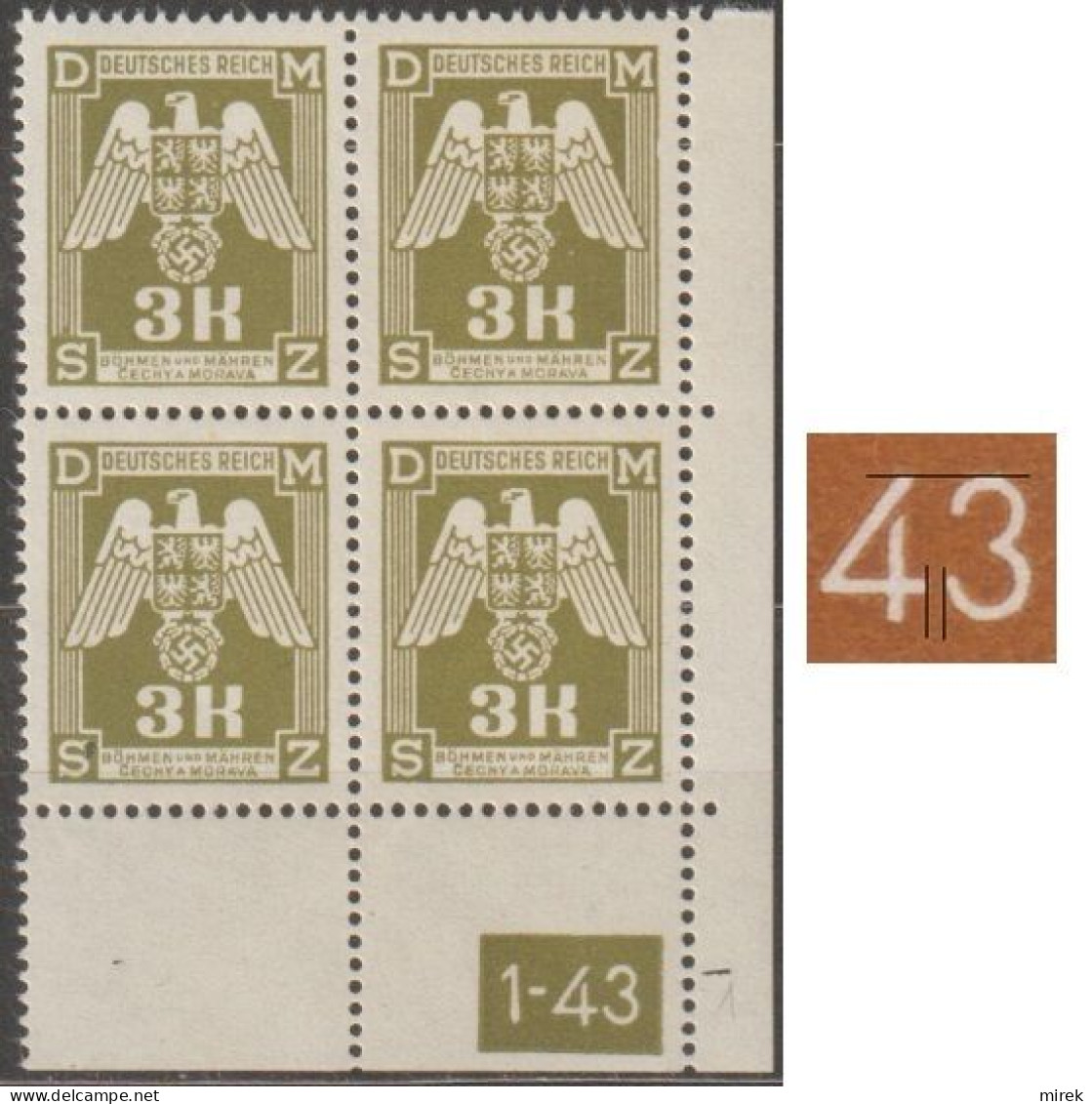 043/ Pof. SL 22, Corner 4-block, Plate Number 1-43, Type 1, Var. 1 - Ungebraucht