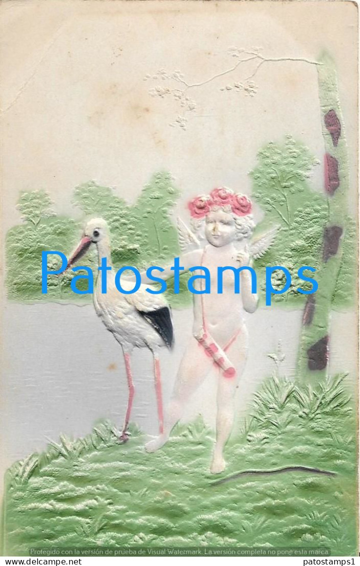 229056 ART ARTE EMBOSSED LANDSCAPE STORK AND CUPID ANGEL NUDE BREAK POSTAL POSTCARD - Unclassified