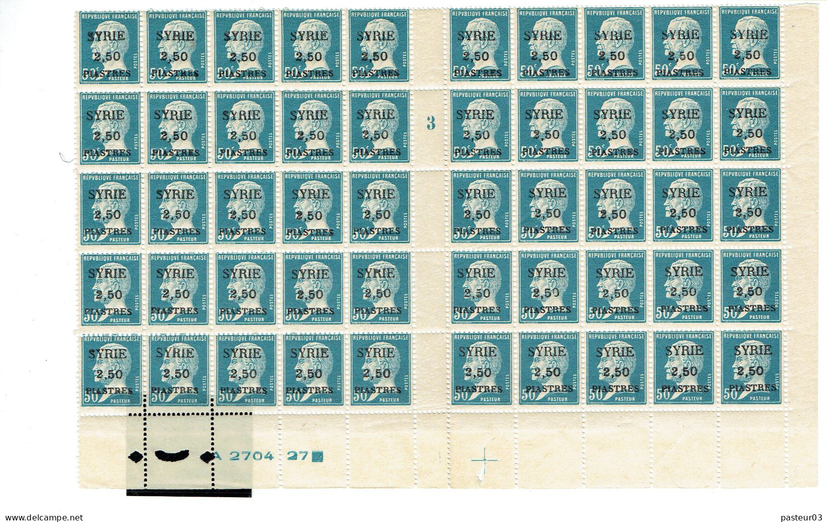 121 SYRIE   Pasteur 50 C. Bleu Bloc De 50 Millésime 3 Avec Marque Atelier Et Date A 2704 27 RARE - Unused Stamps