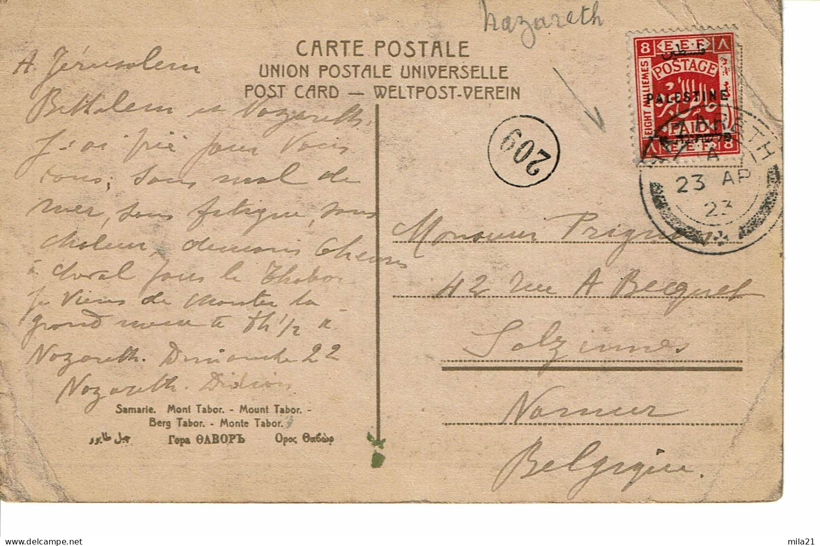 PALESTINE BRITANIQUE N° 30 Sur Carte Postal  De Samarie Mont Tabor - Palästina