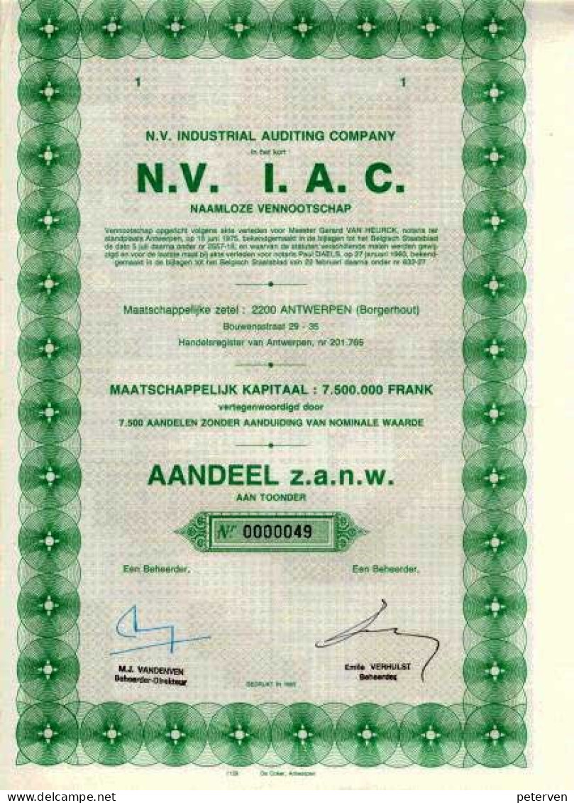 N.V. INDUSTRIAL AUDITING COMPANY; 1 Aandeel & 100 Aandelen - Bank & Versicherung