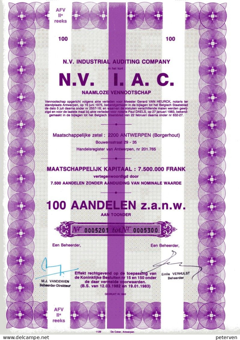 N.V. INDUSTRIAL AUDITING COMPANY; 1 Aandeel & 100 Aandelen - Bank & Insurance