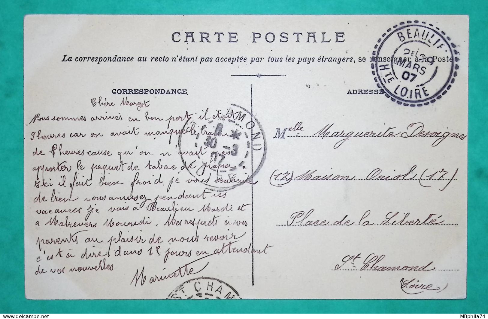 N°129 SEMEUSE CAD FB84 BEAULIEU HAUTE LOIRE CARTE POSTALE ST FERREOL D'AUROURE POUR ST CHAMOND LOIRE 1907 COVER FRANCE - 1877-1920: Semi Modern Period