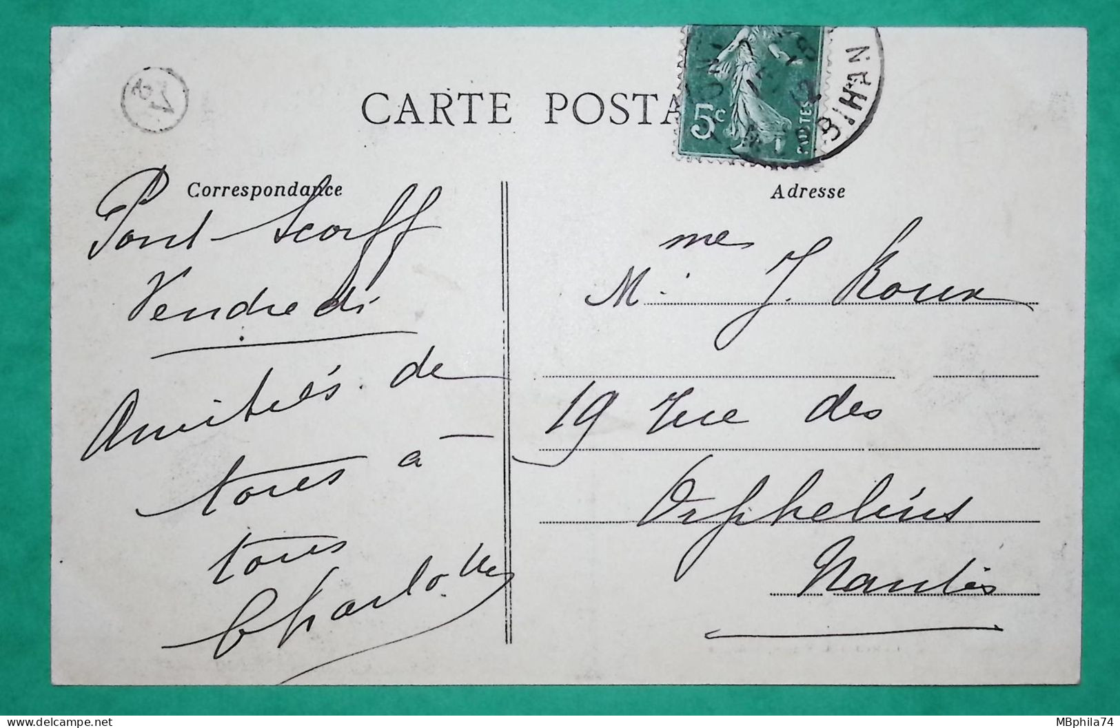 N°137 SEMEUSE CARTE POSTALE PONT SCORFF MORBIHAN BOITE RURALE SUPLEMENTAIRE A2 POUR NANTES LOIRE INFERIEURE 1912 FRANCE - 1877-1920: Semi-moderne Periode