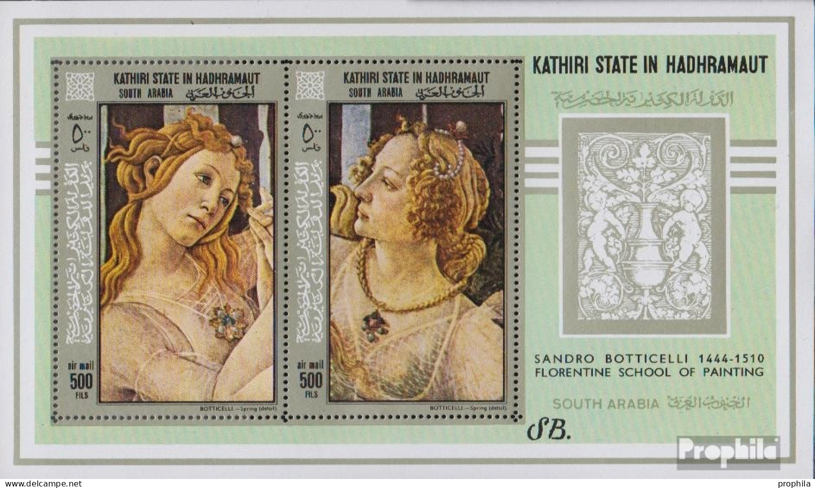 Aden - Kathiri State Block18A (kompl.Ausg.) Postfrisch 1967 Gemälde Von Botticelli - Emirats Arabes Unis (Général)