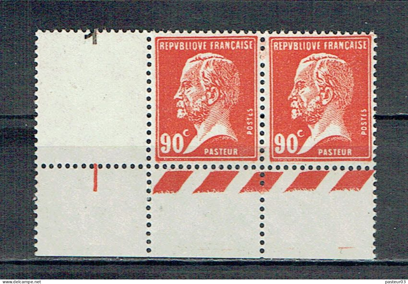 178 Pasteur 90 C. Rouge Paire Bas De Feuille Avec Marque De Centrage N° Presse 1 Luxe - 1922-26 Pasteur