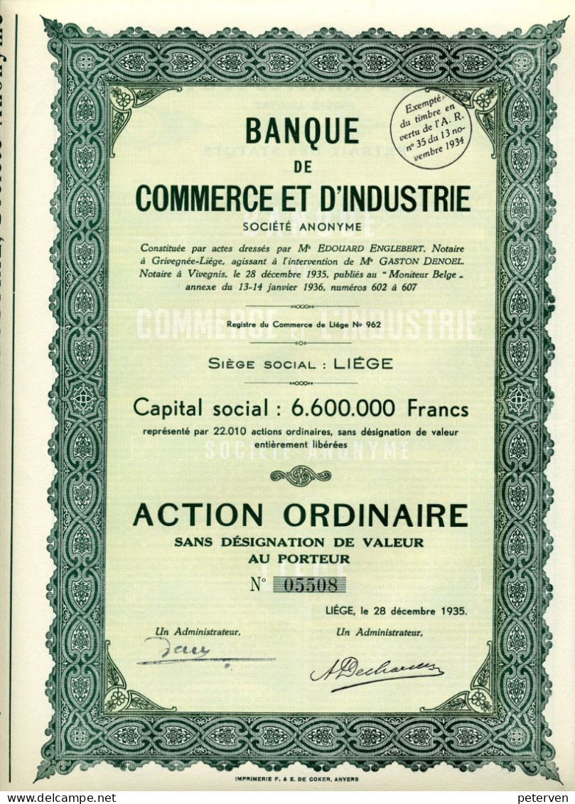 BANQUE De COMMERCE Et D'INDUSTRIE; Action Ordinaire - Bank & Versicherung