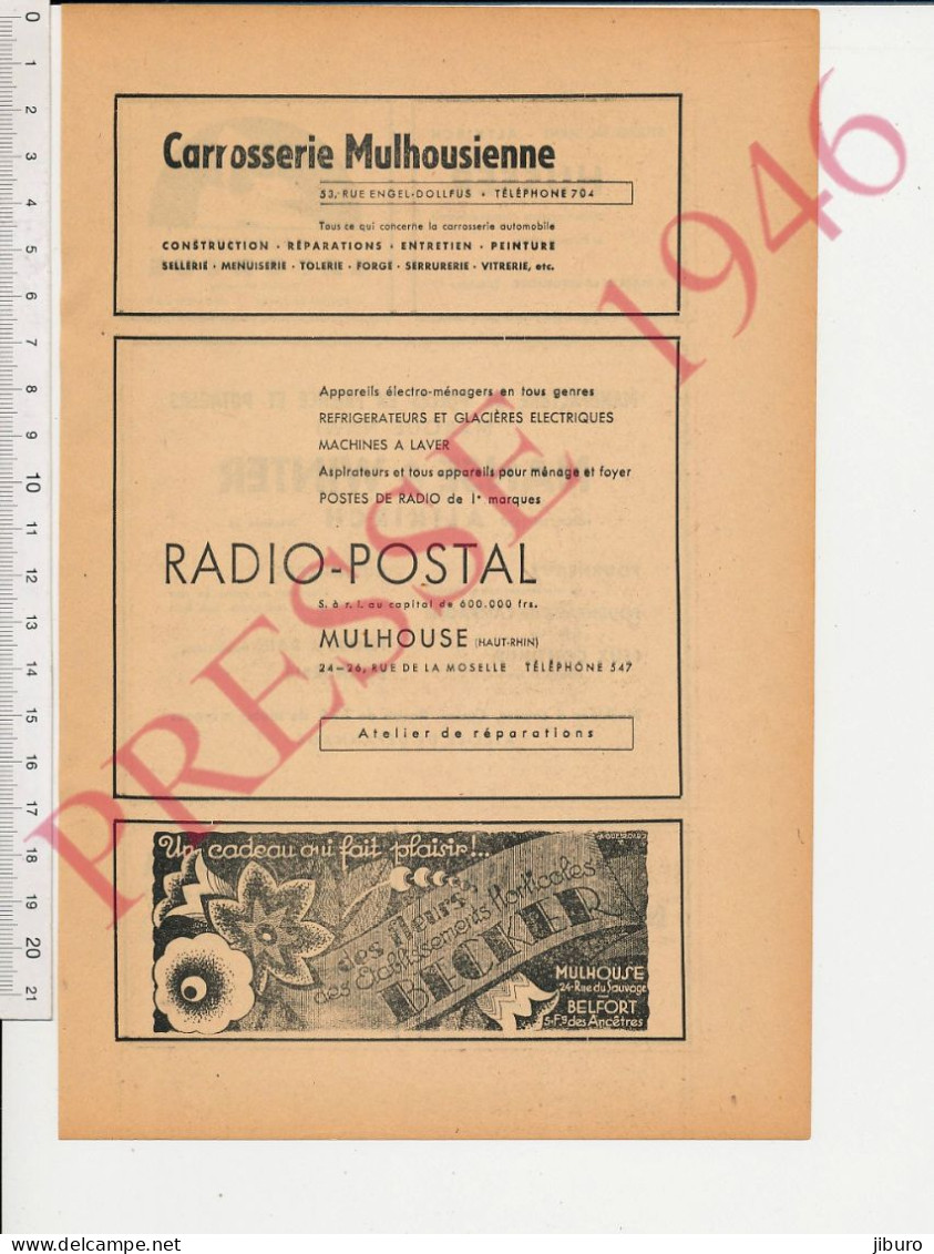 2 Vues Publicité 1946 Husser Mulhouse Laforgue Radio-Postal Fleurs Becker Belfort Nanse Winter Altkirch Gault Ferrette - Unclassified