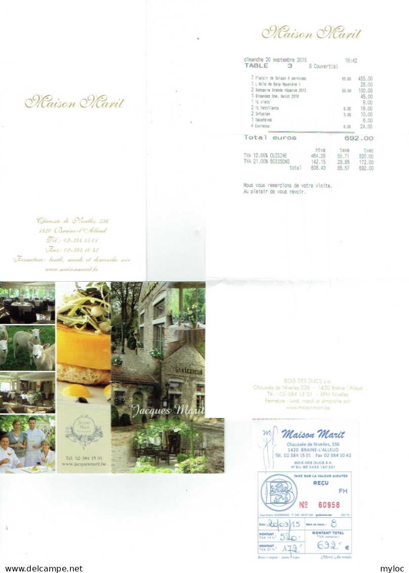 Menu Double. Restaurant Maison MARIT, Braine-l'Alleud, Chée De Nivelles. 2015 + Carte Visite + Note D'Addition Et Souche - Menus