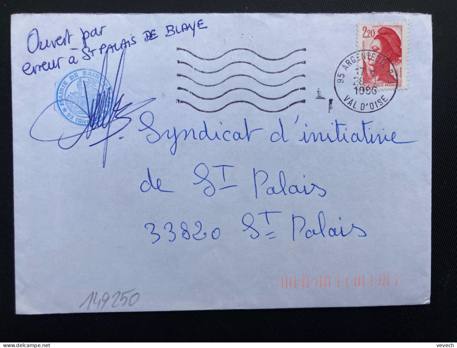 LETTRE TP LIBERTE 2,20 OBL.MEC.28-1 1986 95 ARGENTEUIL PPAL + MANUSCRIT OUVERT PAR ERREUR + CACHET MAIRIE 33 ST PALAIS - 1982-1990 Vrijheid Van Gandon