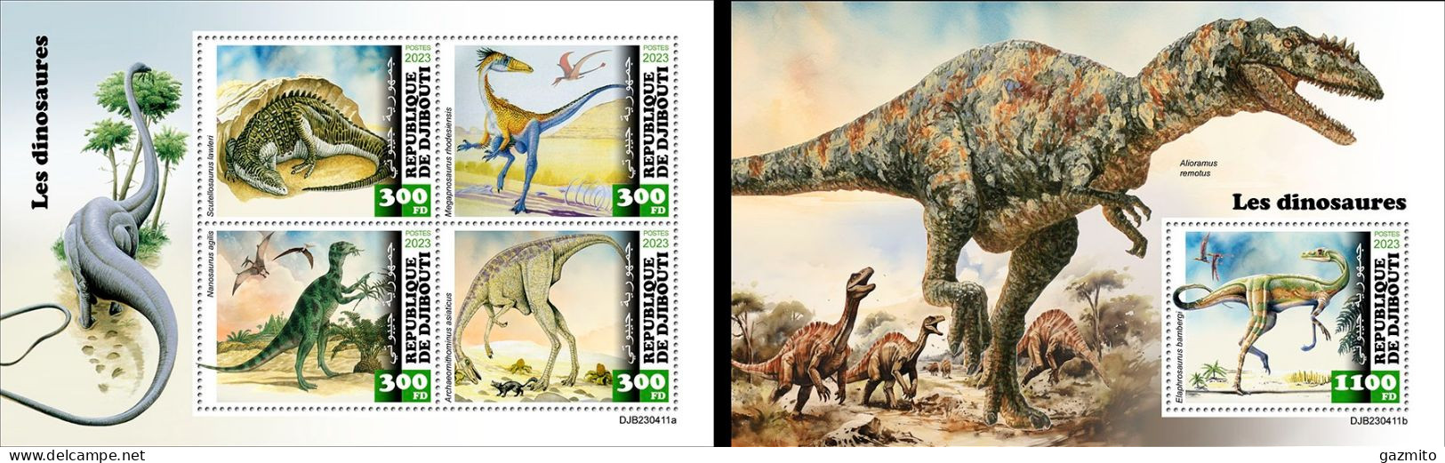 Djibouti 2023, Animals, Dinosaurs, 4val In BF +BF - Préhistoriques