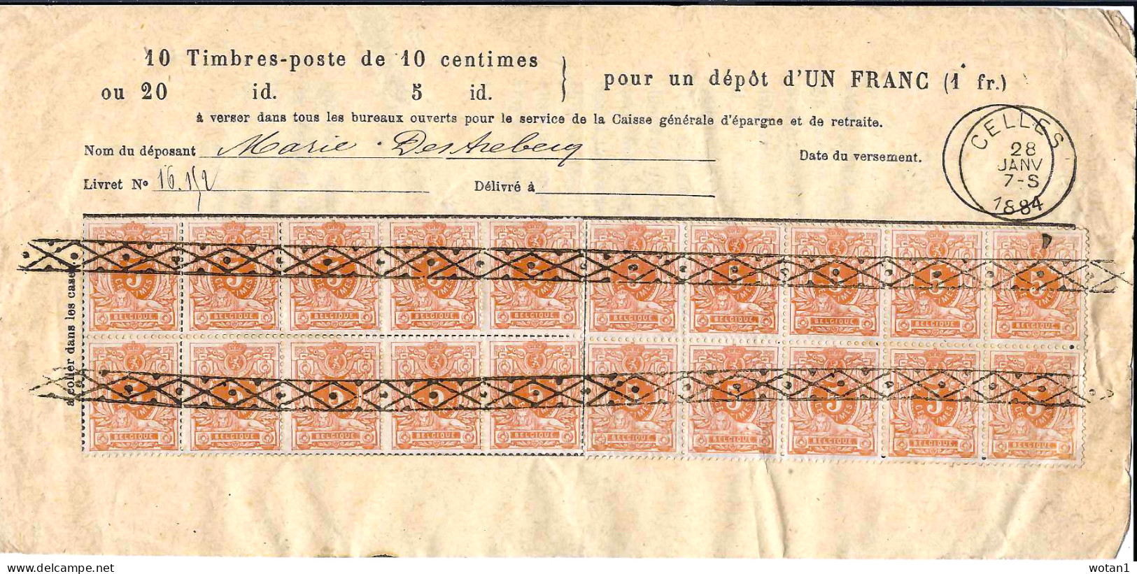BELGIQUE - 20 T.P. N° 28 Sur Bulletin Caisse D'Epargne Avec Obl. CELLES Du 28 JANV 1884 Avec Obl. Roulette - 1869-1888 Lion Couché (Liegender Löwe)