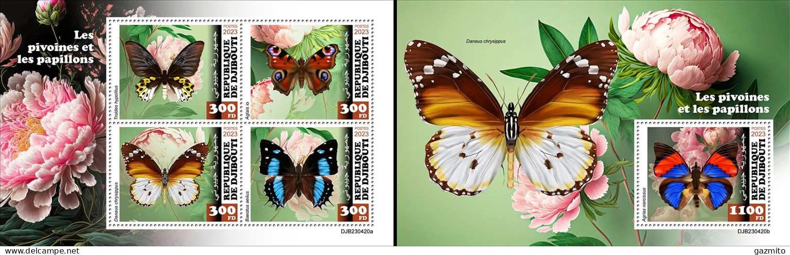 Djibouti 2023, Animals, Butterflies And Peonies, 4val In BF +BF - Schmetterlinge