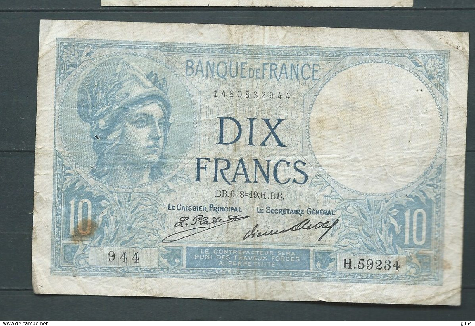 France ,- Billet 10 Francs Minerve  --   BB.6=8=1931.BB.  ----  944 H.59234  Laura14322 - 10 F 1916-1942 ''Minerve''