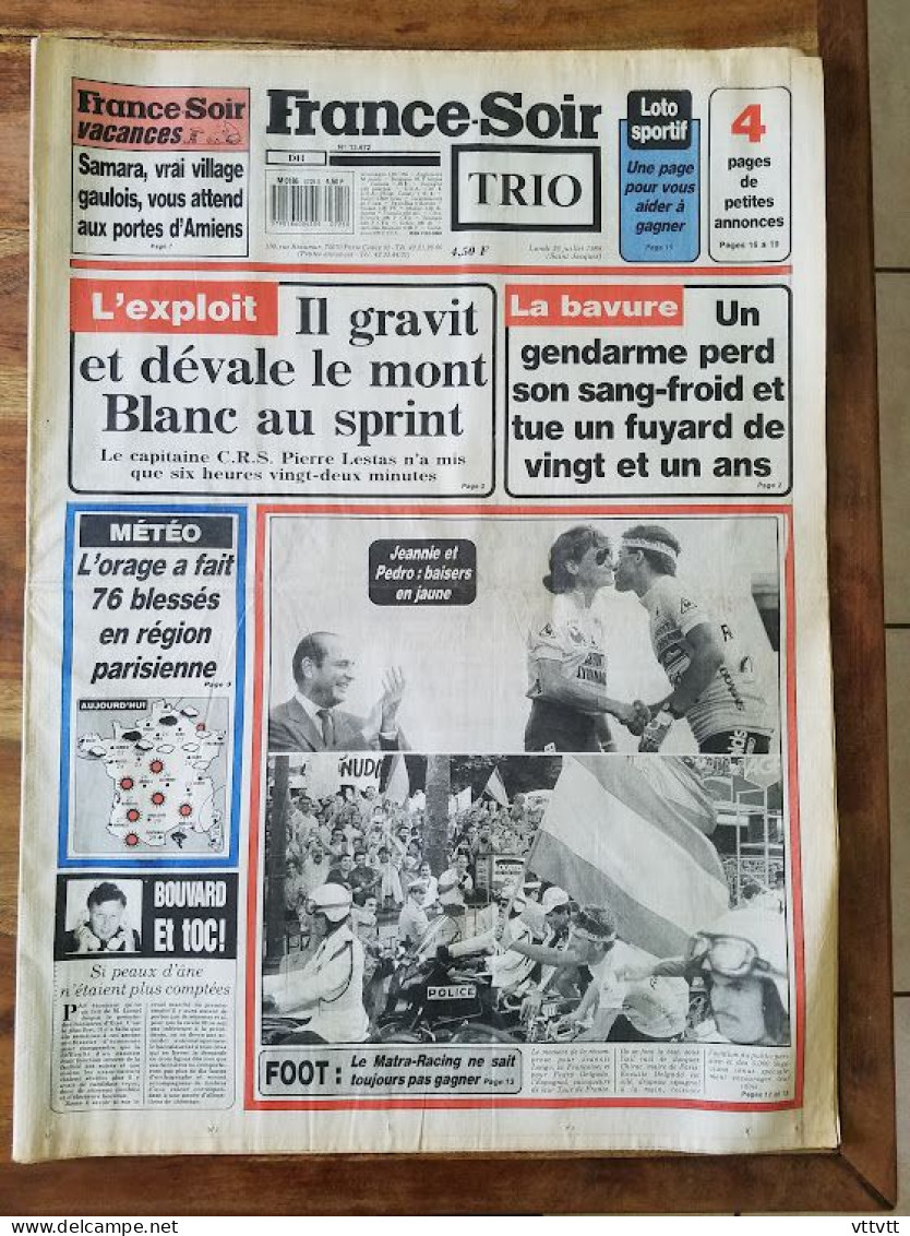 FRANCE-SOIR, Lundi 25 Juillet 1988, Tour De France; Longo, Delgado, Mont-Blanc, Saint-Rémy-de-Provence, Bavure, Orage... - 1950 - Nu