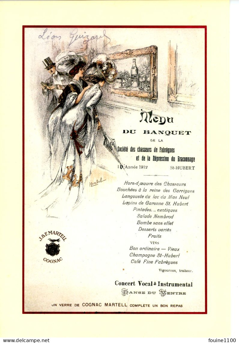 MENU Illustré Signé Herbel Société Des Chasseurs De Fabrègues - Menus