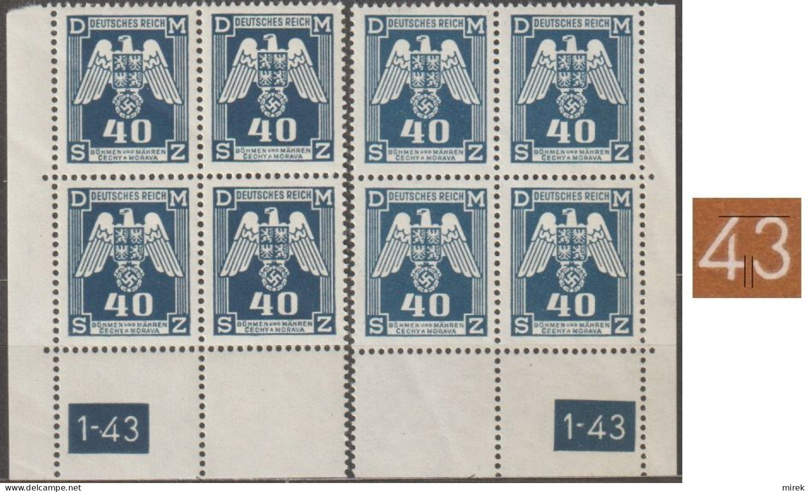 044/ Pof. SL 14, Corner 4-blocks, Plate Number 1-43, Type 1 - Neufs